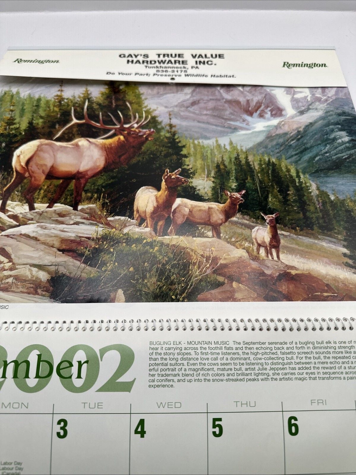Vintage 2002 Remington Hunting Calendar Gays True Value Tunkhannock Pa Deer 8