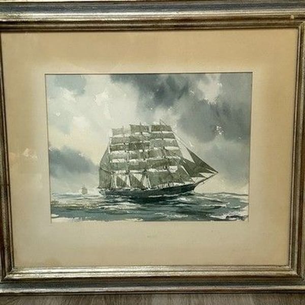 Signed Valenzuela 1965 Original Watercolor Tall Ship Framed Nautical Art