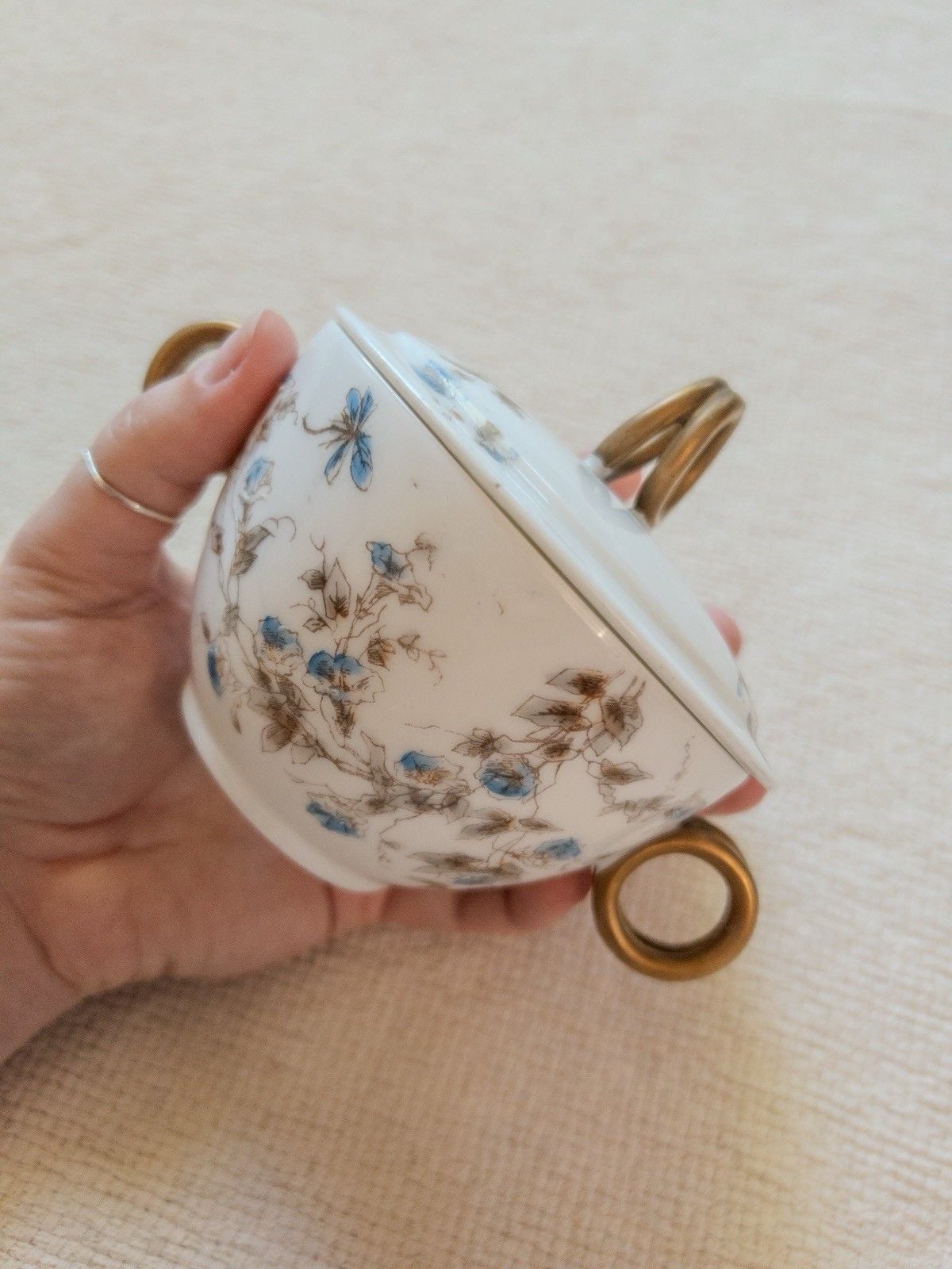 Antique Limoges CFH GDM Sugar Bowl Lidded Cup French Porcelain Blue Floral 1880s 9