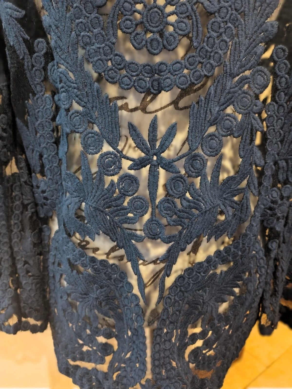 Beautiful Origami Vivian Navy Blue Boho Western Crochet Sheer Lace Overlay Sz M 7