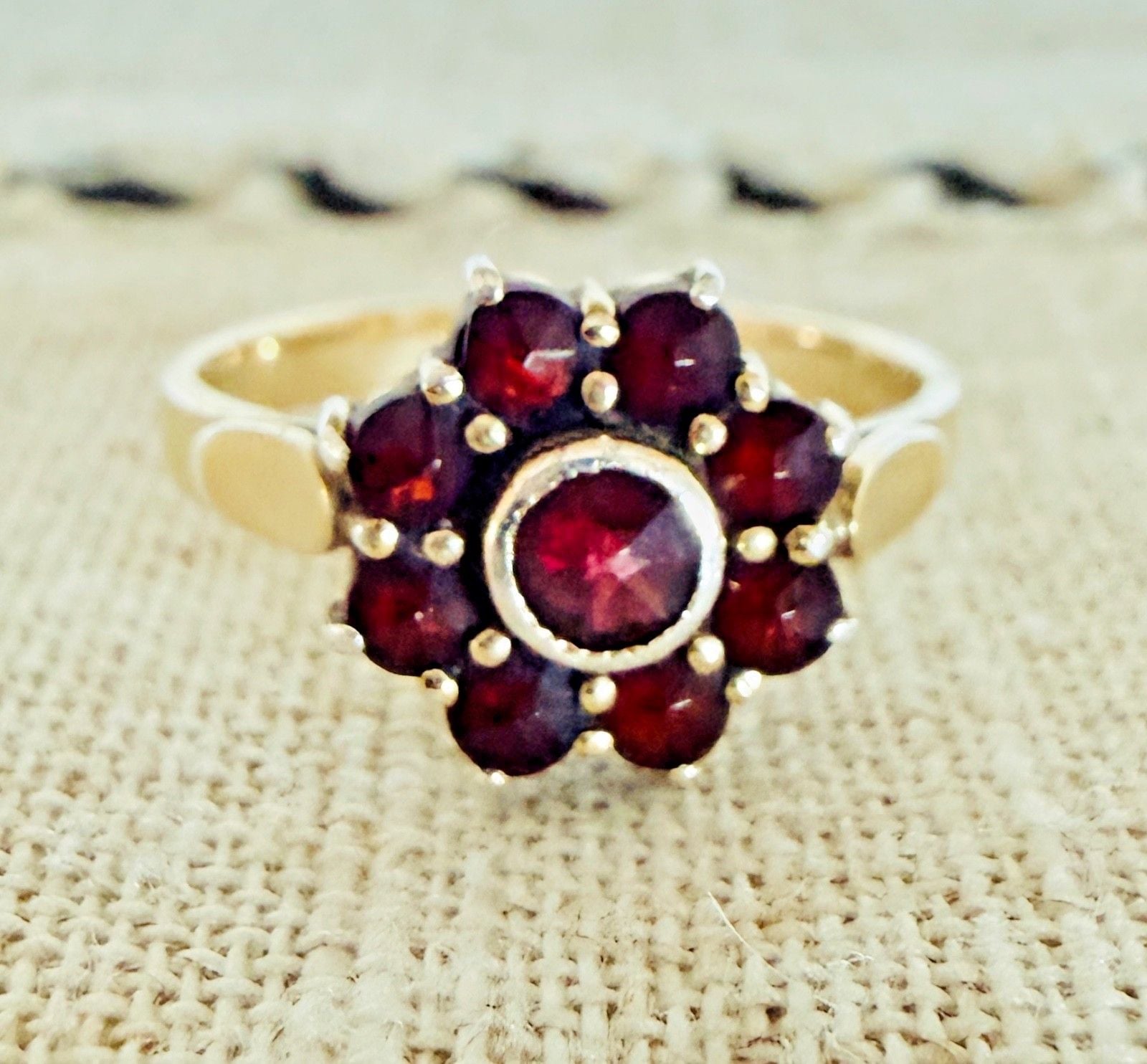 Antique Bohemian Garnet Cluster Ring Silver Gilt Rose Cut Stones Size 6 2