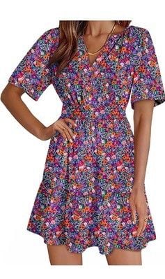 Dokotoo Women's V-Neck Floral Lace Mini Dress Long Sleeve Boho Flowy Fall-SIZE L 2