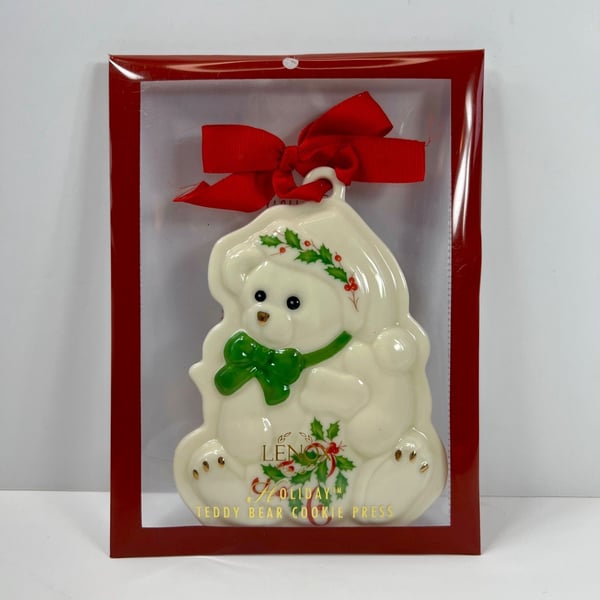 Lenox Holiday Teddy Bear Cookie Press Christmas Ornament Porcelain Holly Ribbon