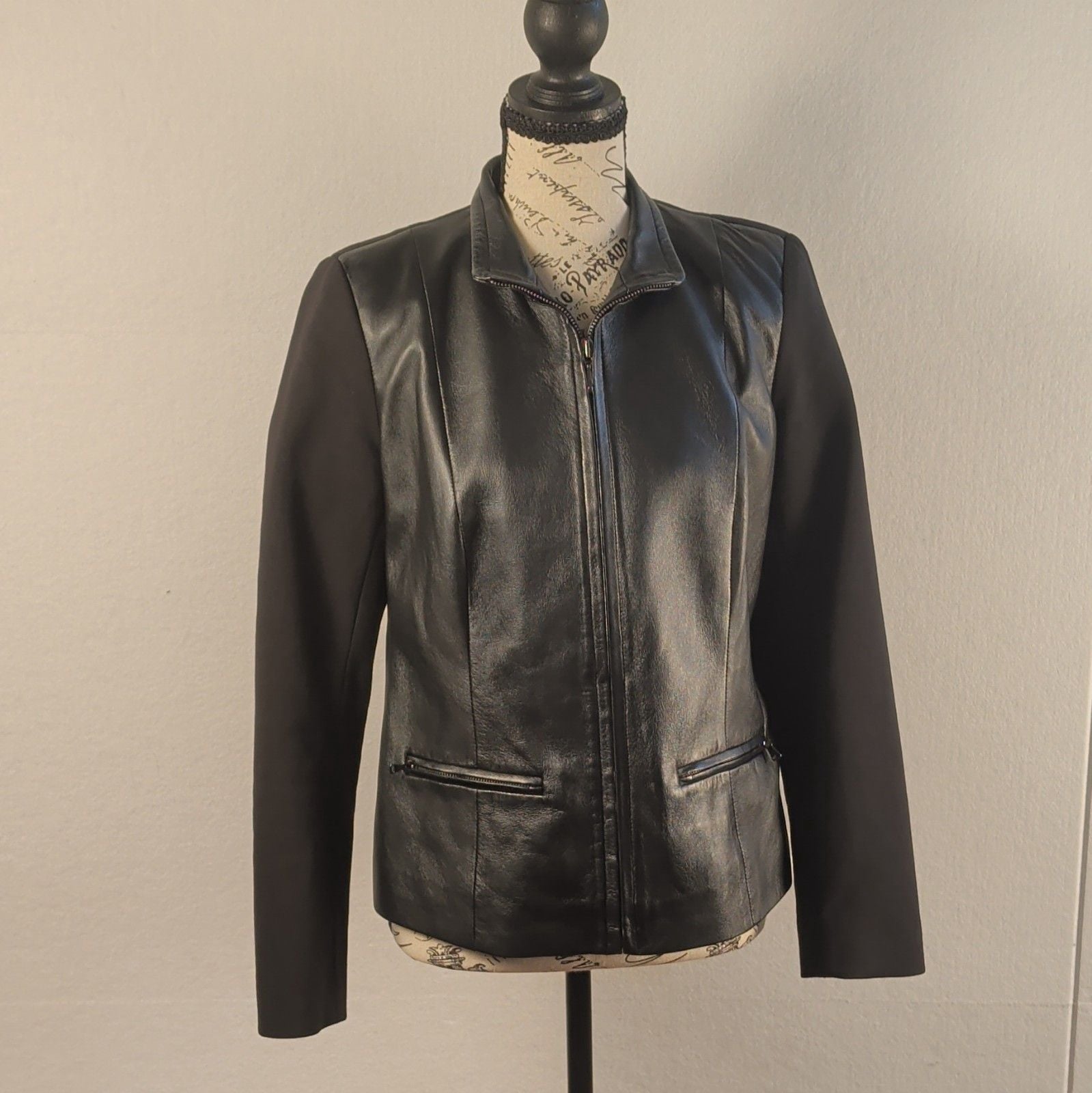 Talbots Petites Womens Black Leather Zip Front Jacket Collared Pockets 8P 2