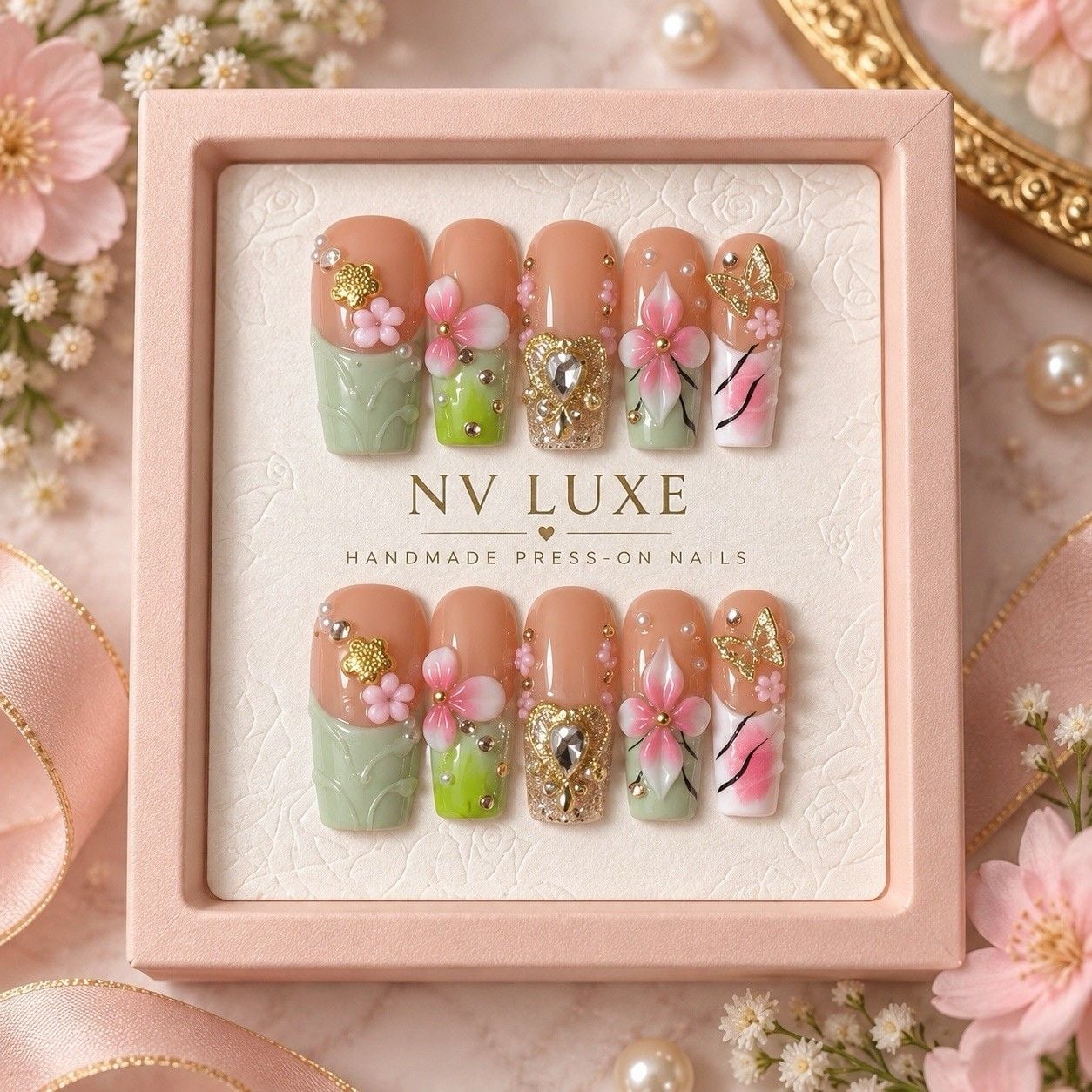 Reusable Floral Press On Nails Size L Square Pink Green Gold 10pc Set #019 1