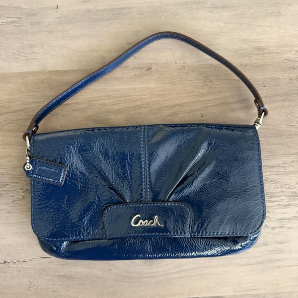 Coach Ashley F49415 Navy Patent Leather Large Flap Wristlet Pleated Gold Logo