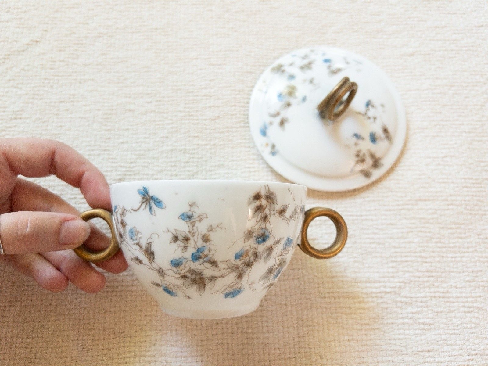 Antique Limoges CFH GDM Sugar Bowl Lidded Cup French Porcelain Blue Floral 1880s 5