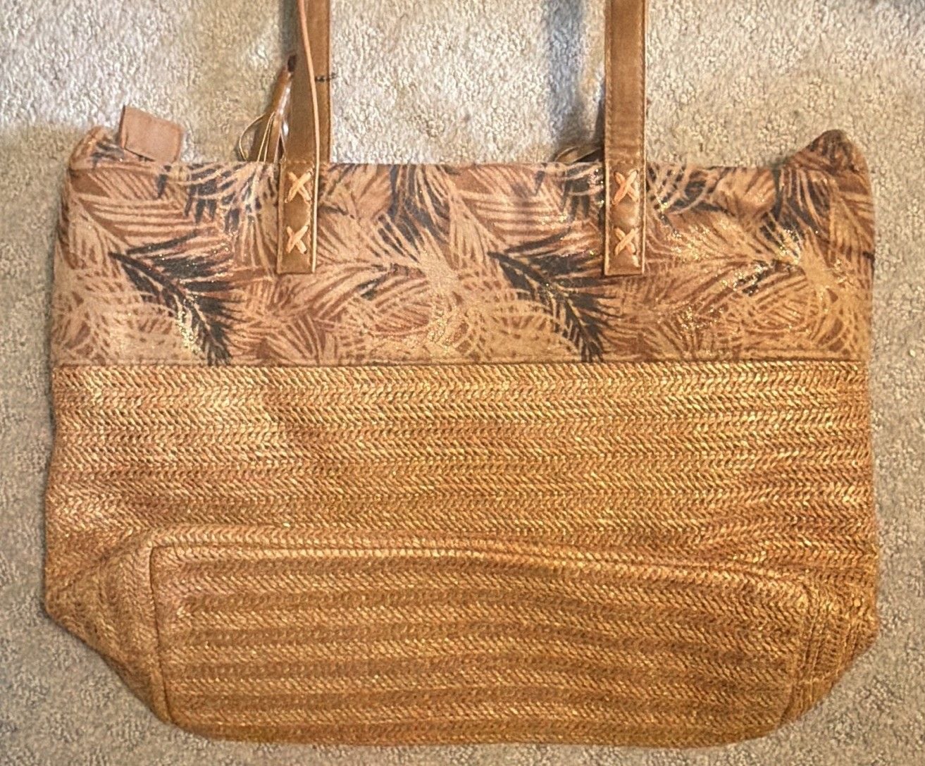 Sun 'N' Sand Woven Straw Tote Tan/Brown Tropical Floral Zip Tassel Lined 5