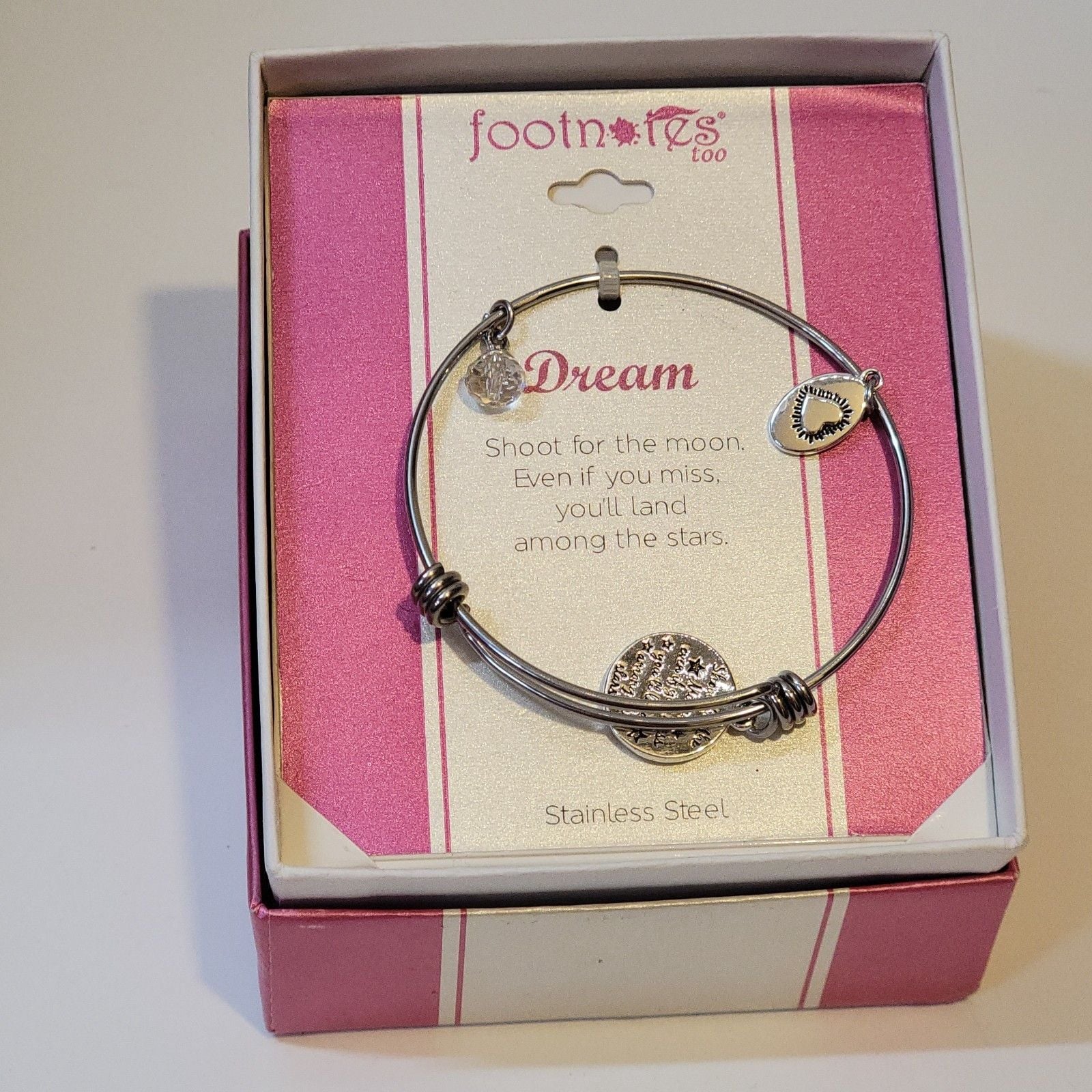 Footnotes Too "Dream" Stainless Steel Bangle Bracelet Stars Moon NIB 3