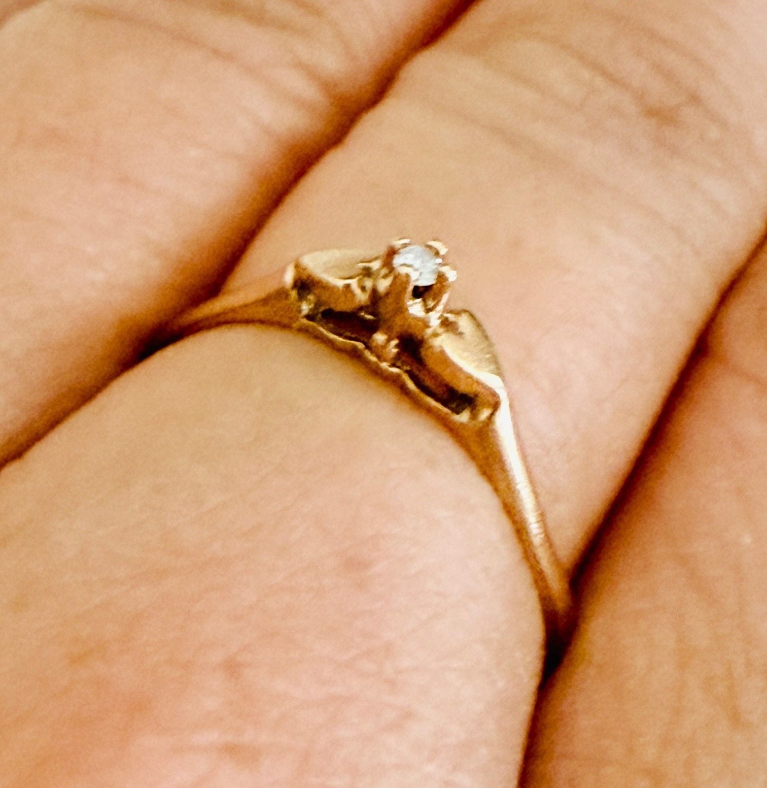 Antique 10K Gold Diamond Double Heart Size 8 Promise Solitaire Ring 7