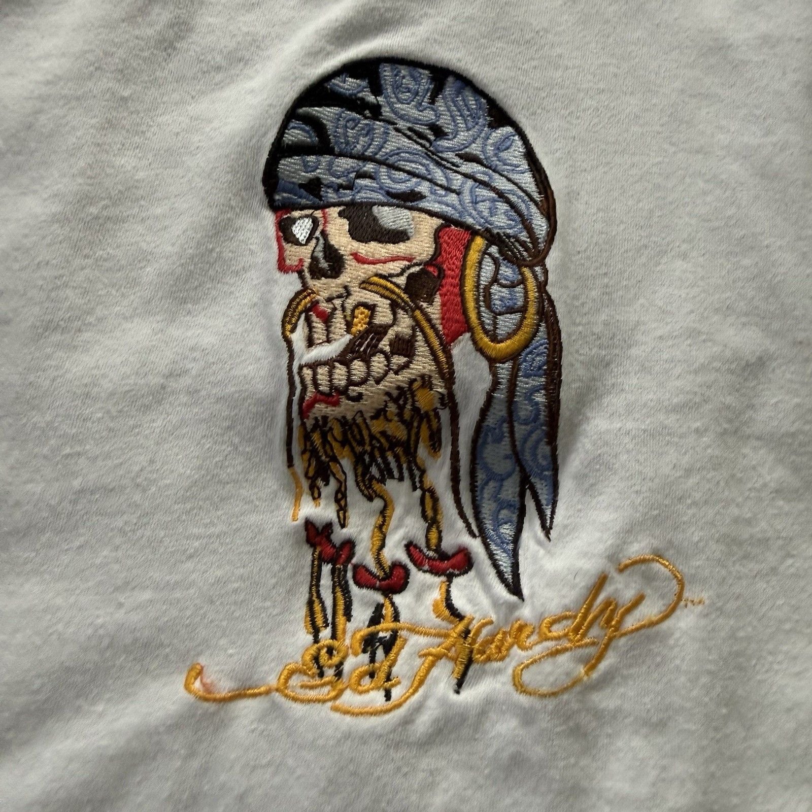 Ed Hardy Mens Ringer T-Shirt White/Yellow Embroidered Skull Graphic Tee L 3