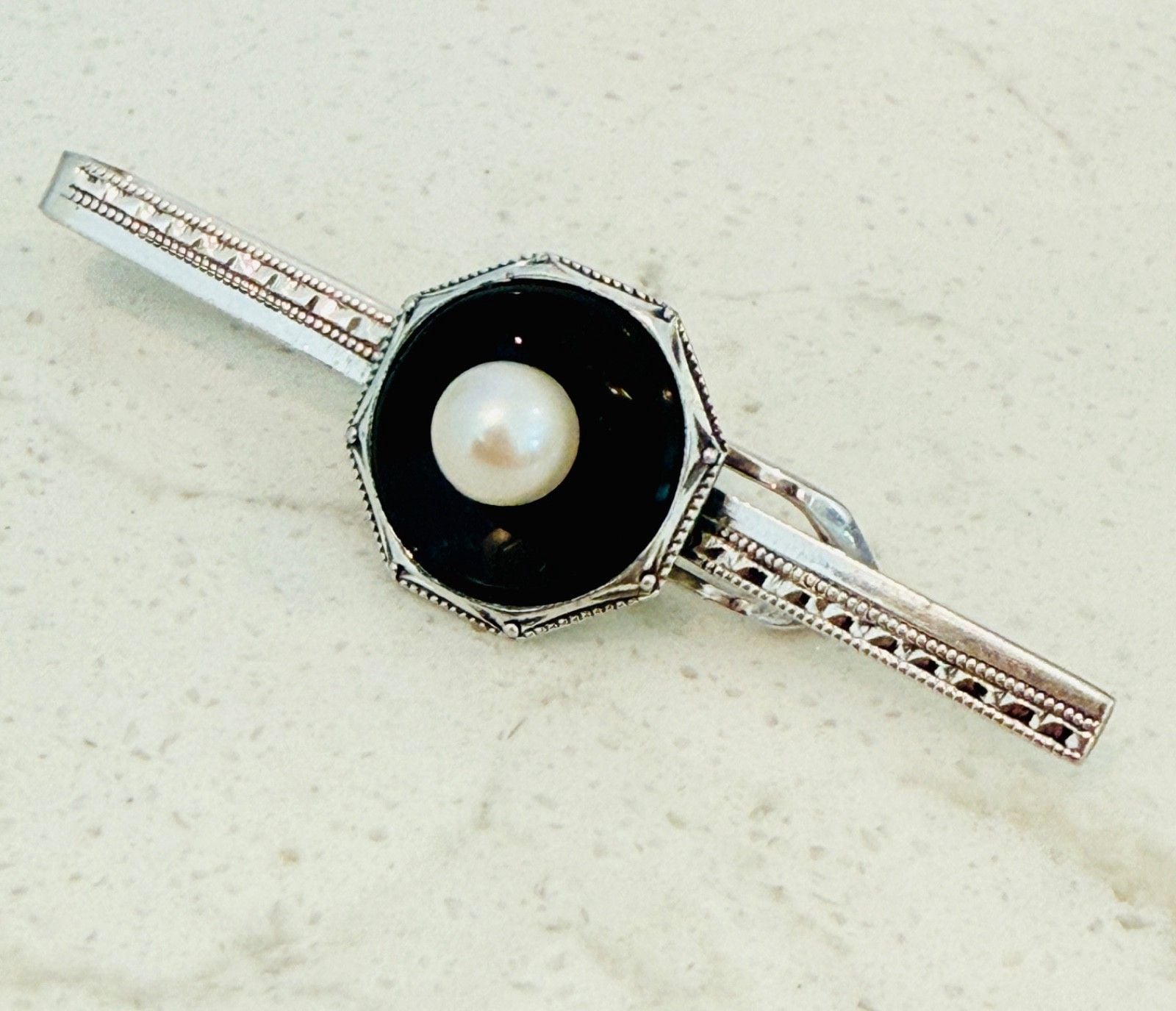 Art Deco Sterling Silver Bar Pin Black Stone Pearl Octagonal Milgrain 5cm 3
