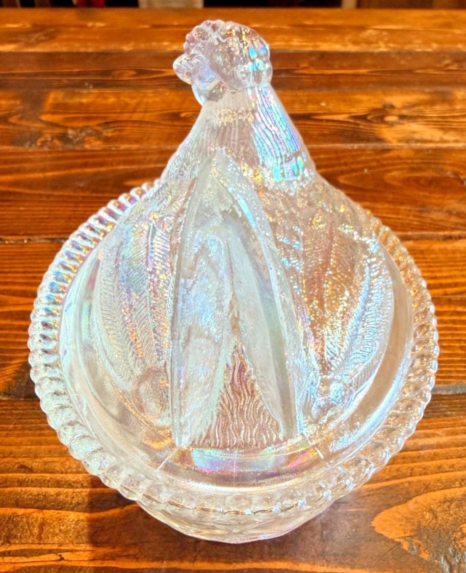Vintage Mosser Glass Clear Iridescent Hen Nest Covered Dish Carnival Farm Decor 4
