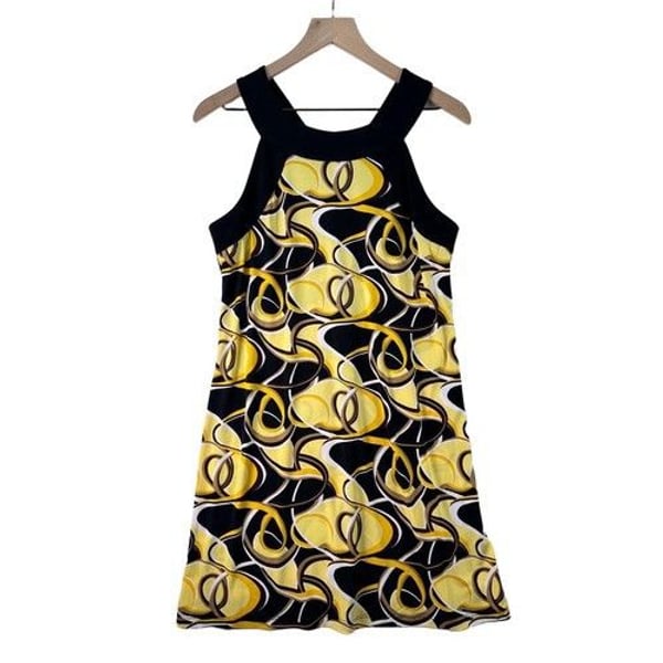 VTG Y2K ALYN PAIGE Abstract Yellow Geometric Midi Dress Size L Grunge Whimsical