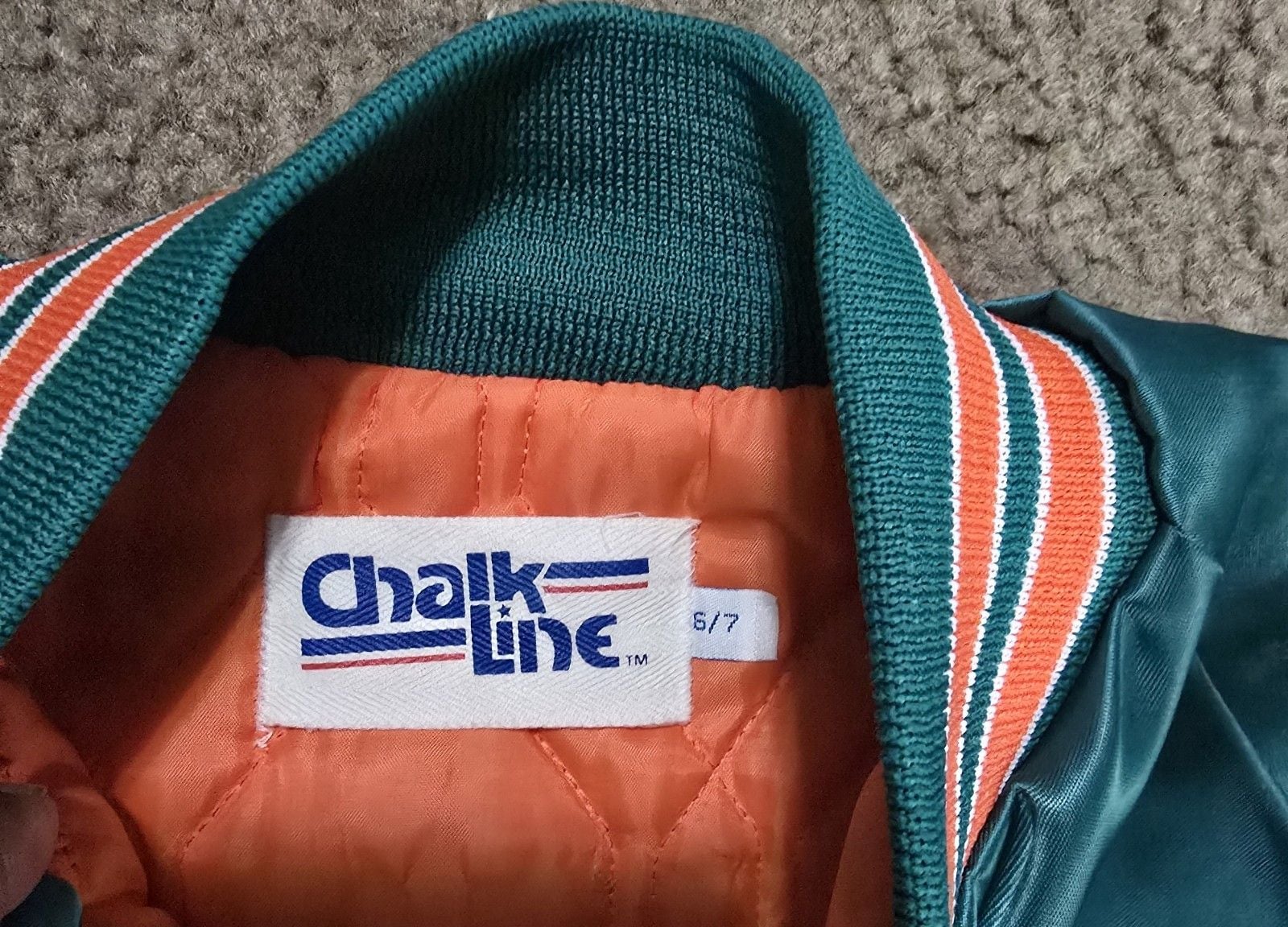 VTG 90s NFL MIAMI DOLPHINS CHALK LINE SATIN JACKET BOMBER SPELLOUT KIDS SZ 6/7 8