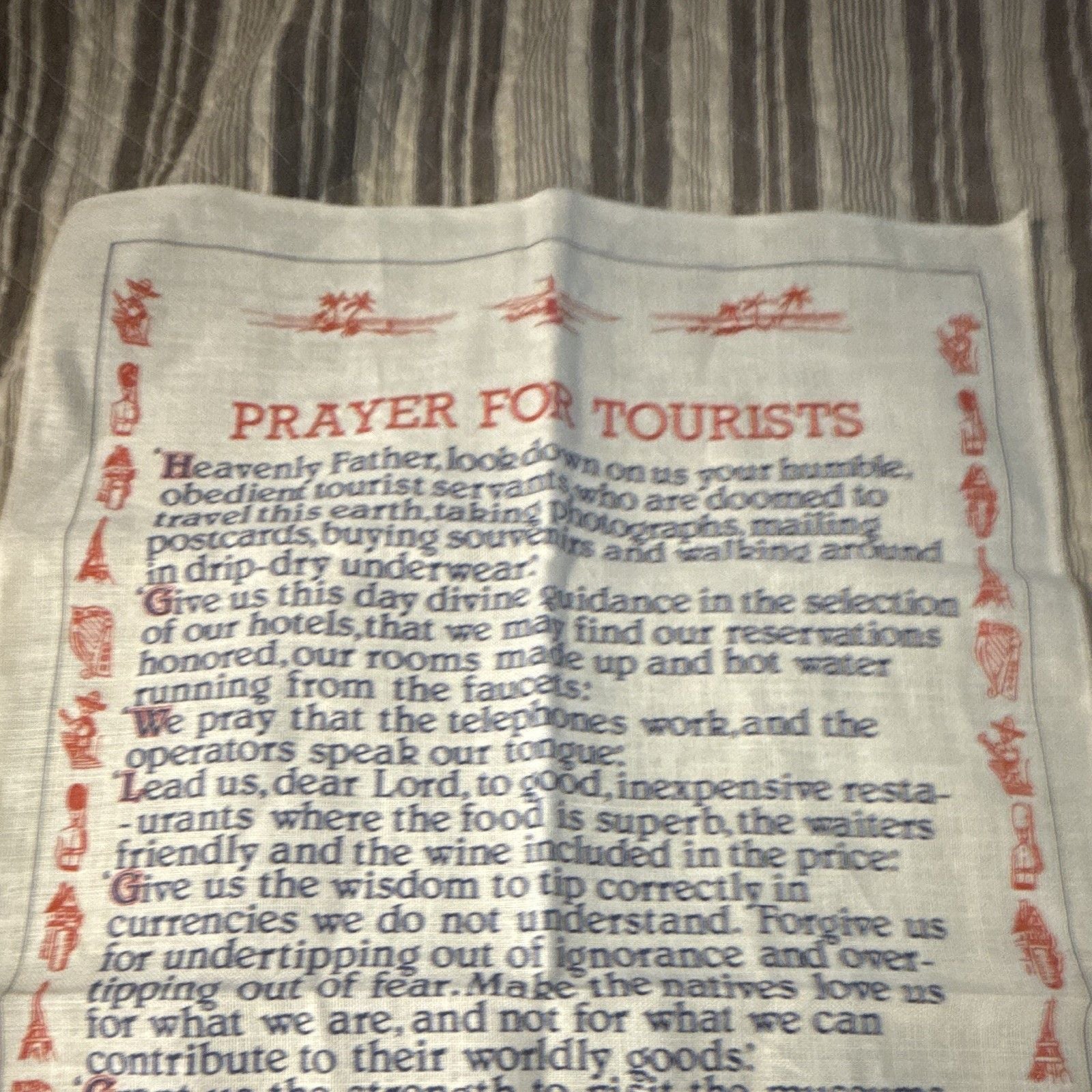 Prayer for Tourists Linen Tea Towel White Red Blue Made in Ireland Vintage 4