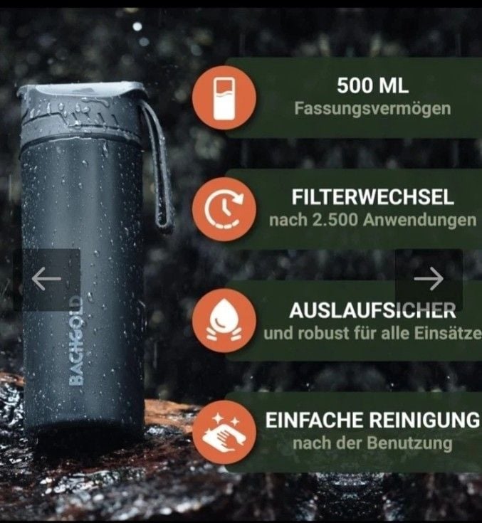 BACHGOLD Outdoor Water Filter Bottle 650ml 1500L Camping Hiking Survival BPA-Fre 8