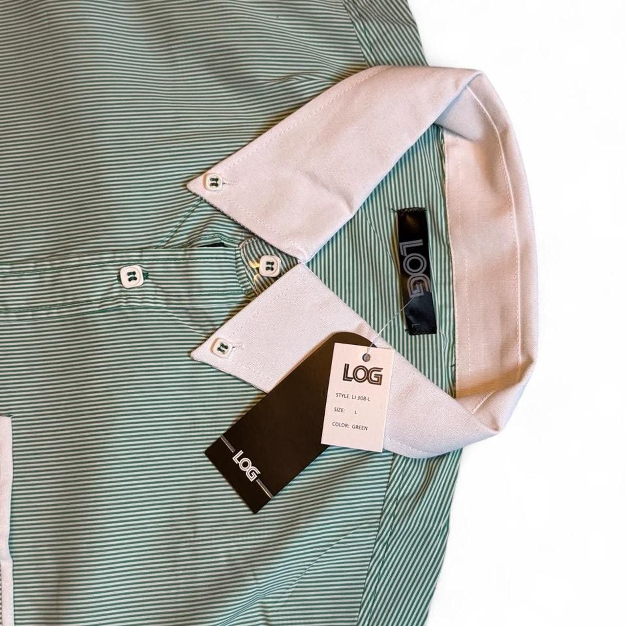 Log wear Green white striped button-up shirt with white collar and cuffs, size Large dimensions are in the pictures brand new with tags 6