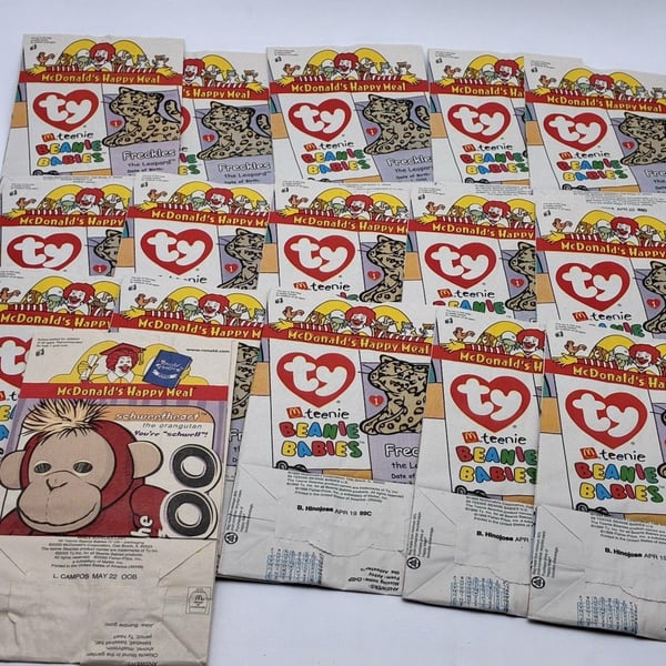 Lot of 15 McDonald’s TY Teenie Beanie Babies Happy Meal Bags Vintage Unused