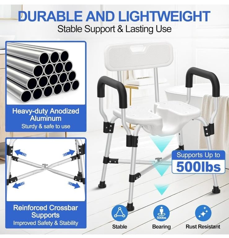 Adjustable Shower Chair with Removable Armrests and Back 1