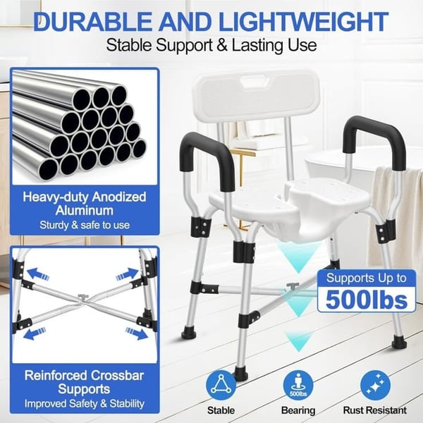 Adjustable Shower Chair with Removable Armrests and Back