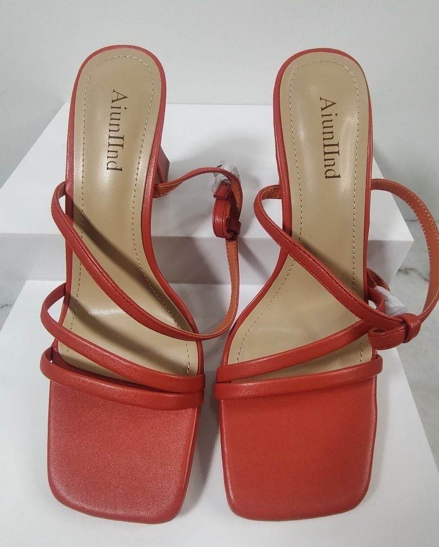 Aiunlind Orange Womens 2.5 in Kitten Low Heel, Strappy Square Open Toe, Size 8.5 4
