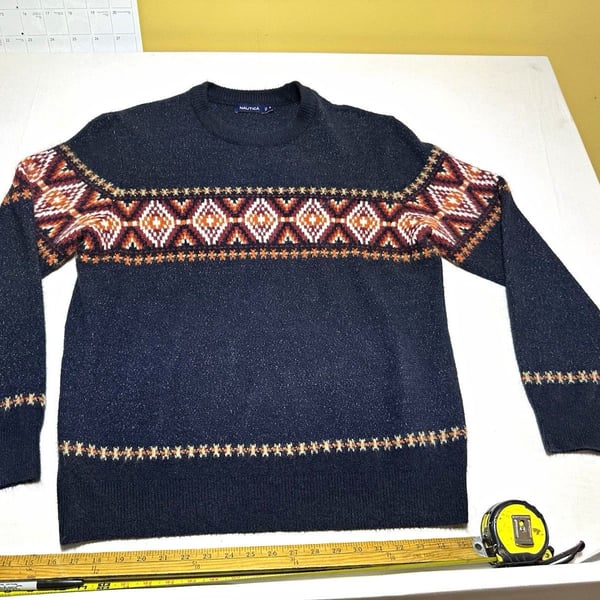 Nautica Fair Isle Crew Neck Knit Pullover Sweater Long Sleeve Blue L Regular