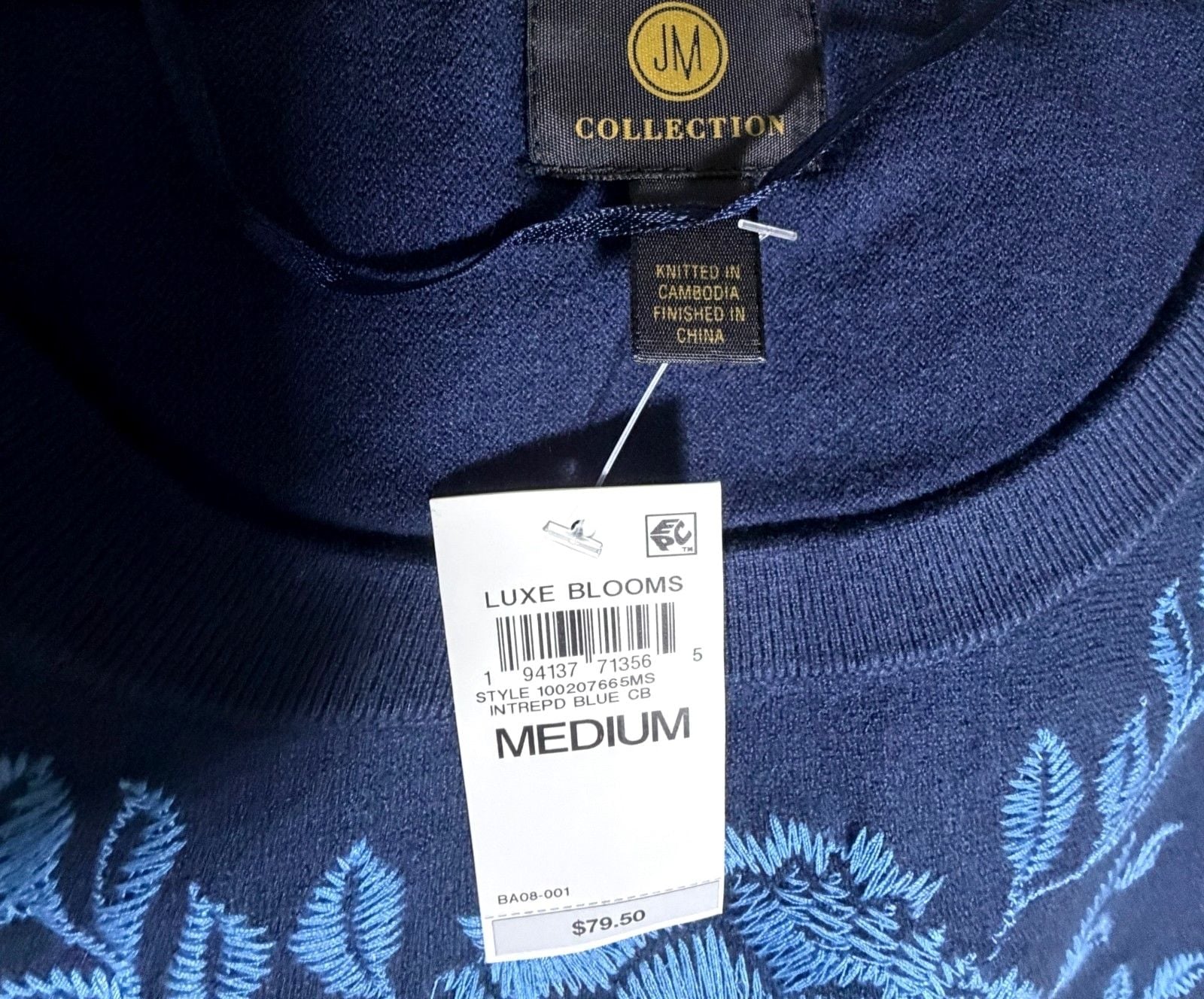 JM Collection Luxe Blooms Women's Embroidered Top Navy Blue Size M NWT 8