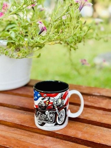 VTG NOS Great Gift For Bikers Coffee Mug With Motorcycle & The American Flag 4”T 3