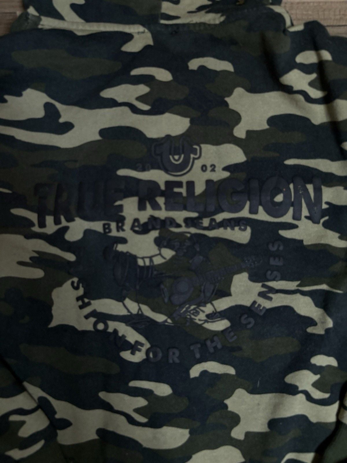 True Religion Full ZipHoodie WomenSize M Green CamoBuddha Logo Sweatshirt 8