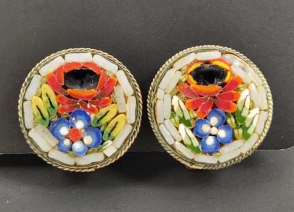 Vintage Italian Micromosaic Floral Clip Earrings Round Poppy Flower Italy Grand 2