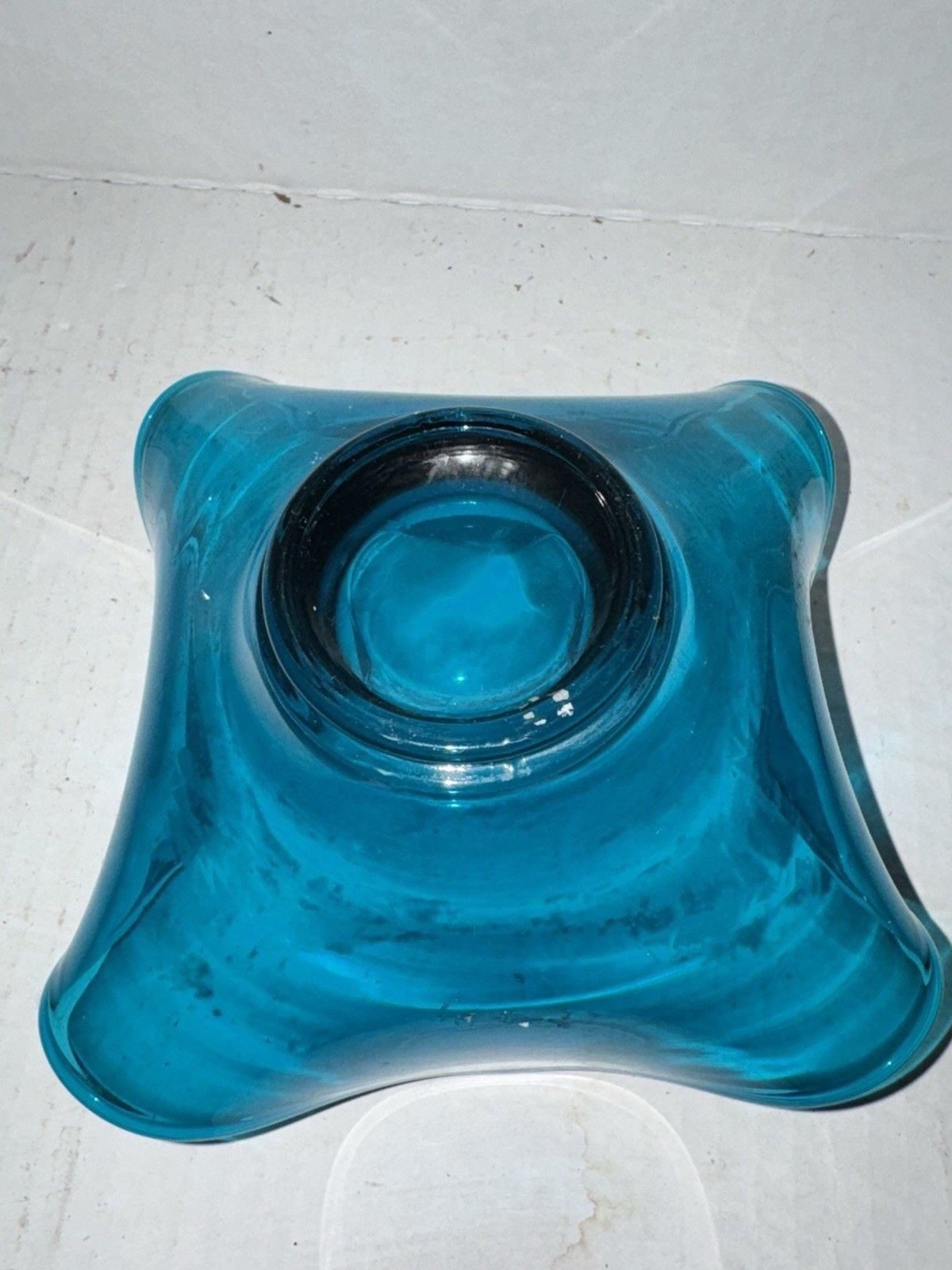 Vintage Turquoise Blue Art Glass Handkerchief Bowl Footed Ruffled MCM Decor 3