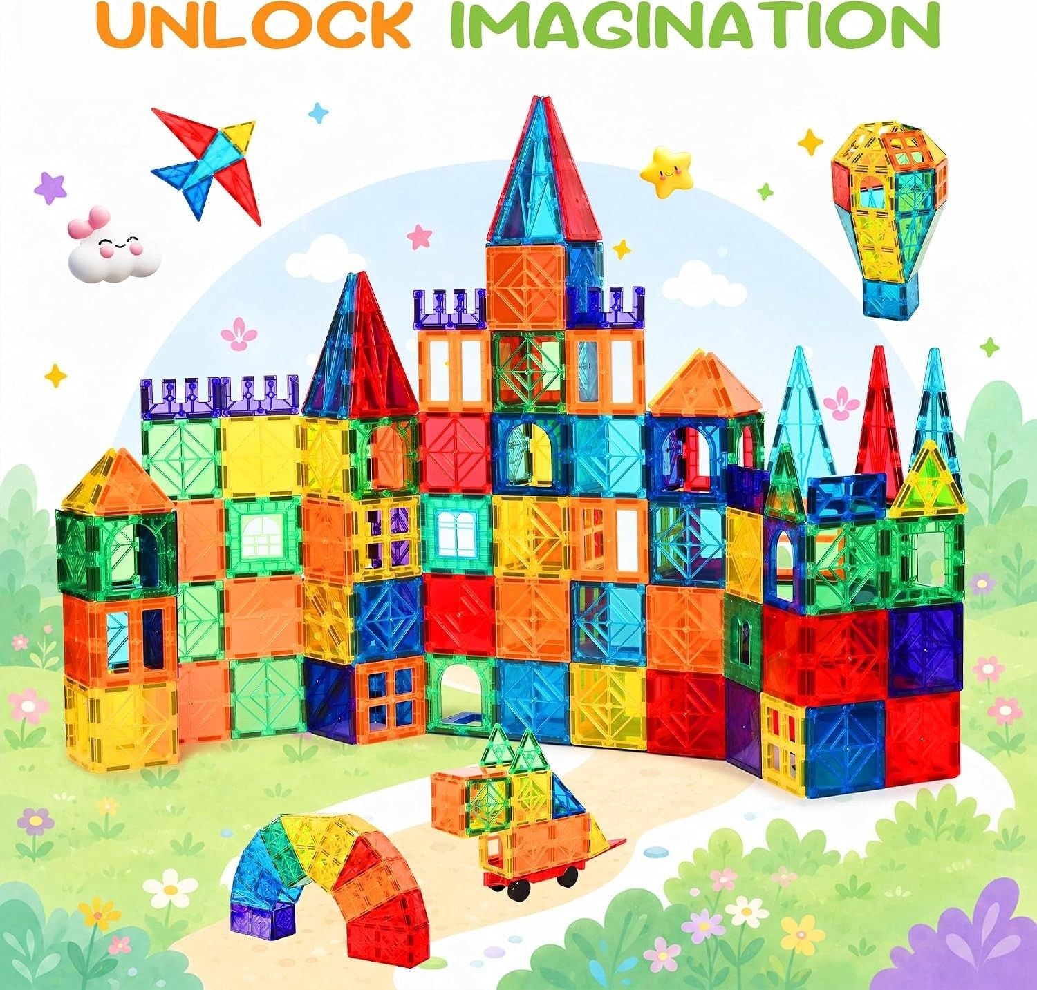 100 Pcs Magnetic Tiles, Magnet 3D Building Blocks Set with 2 Cars 4