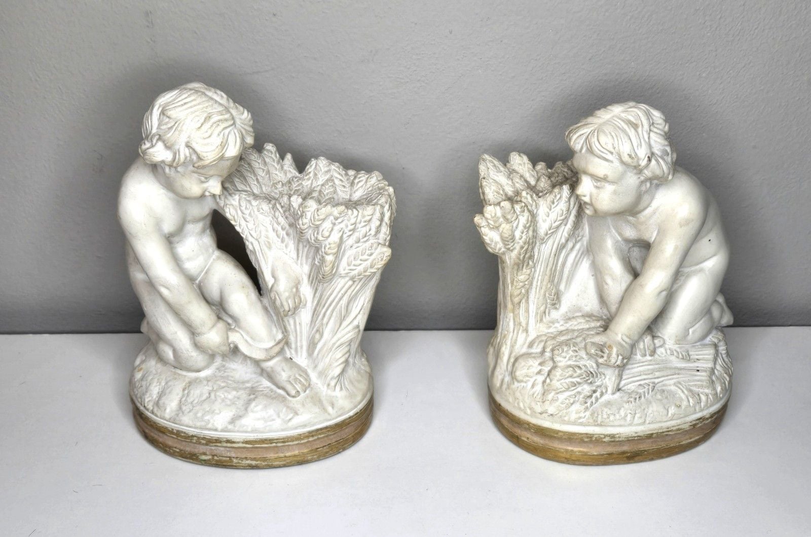Vintage BORGHESE Niepolds ~ Chalk Putti Bookends ~ Cherubs Harvesting Wheat 1