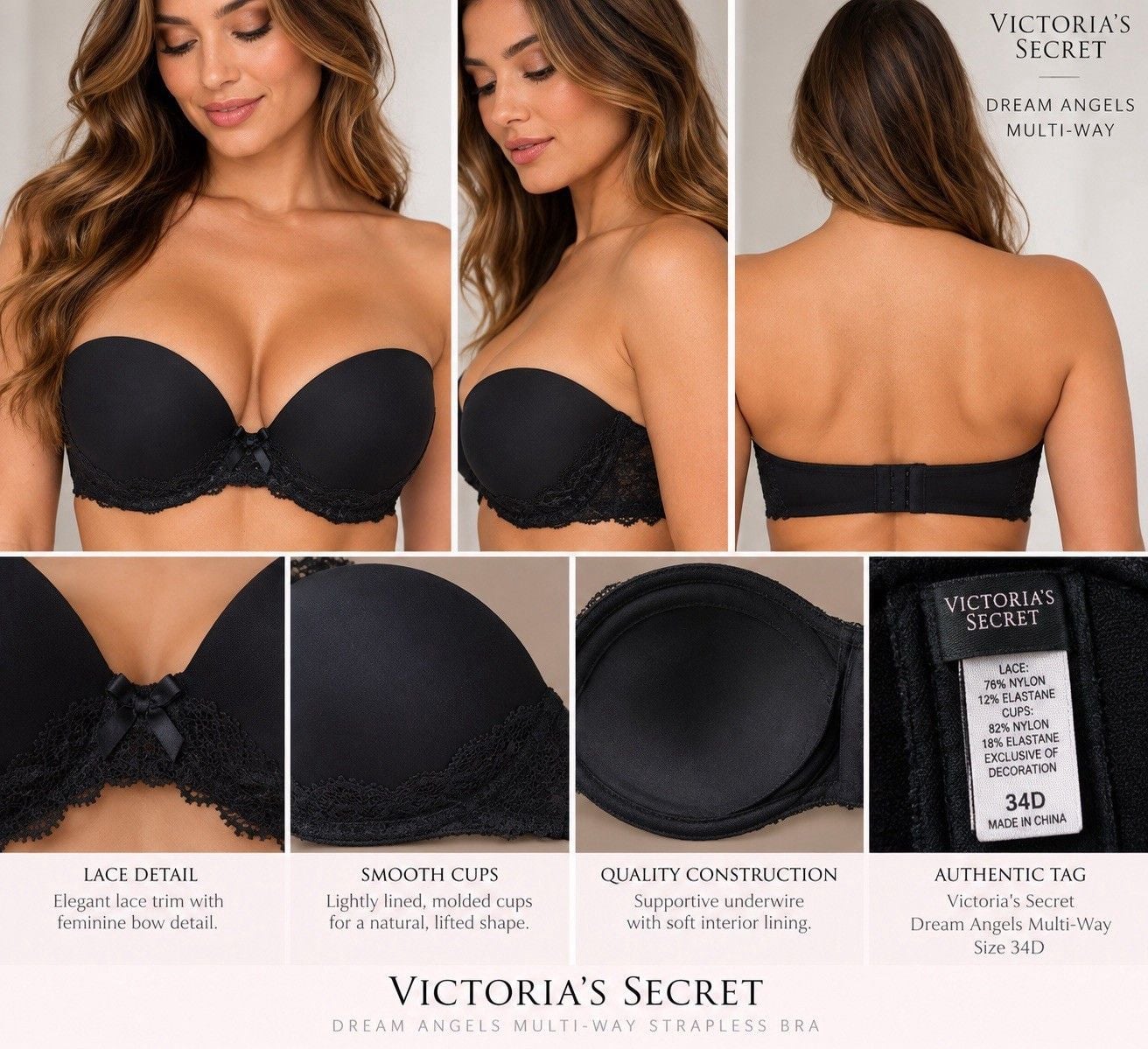 Victoria’s Secret Bra Lot 34D 36C Strapless Push Up Lace Black Nude Bundle 4