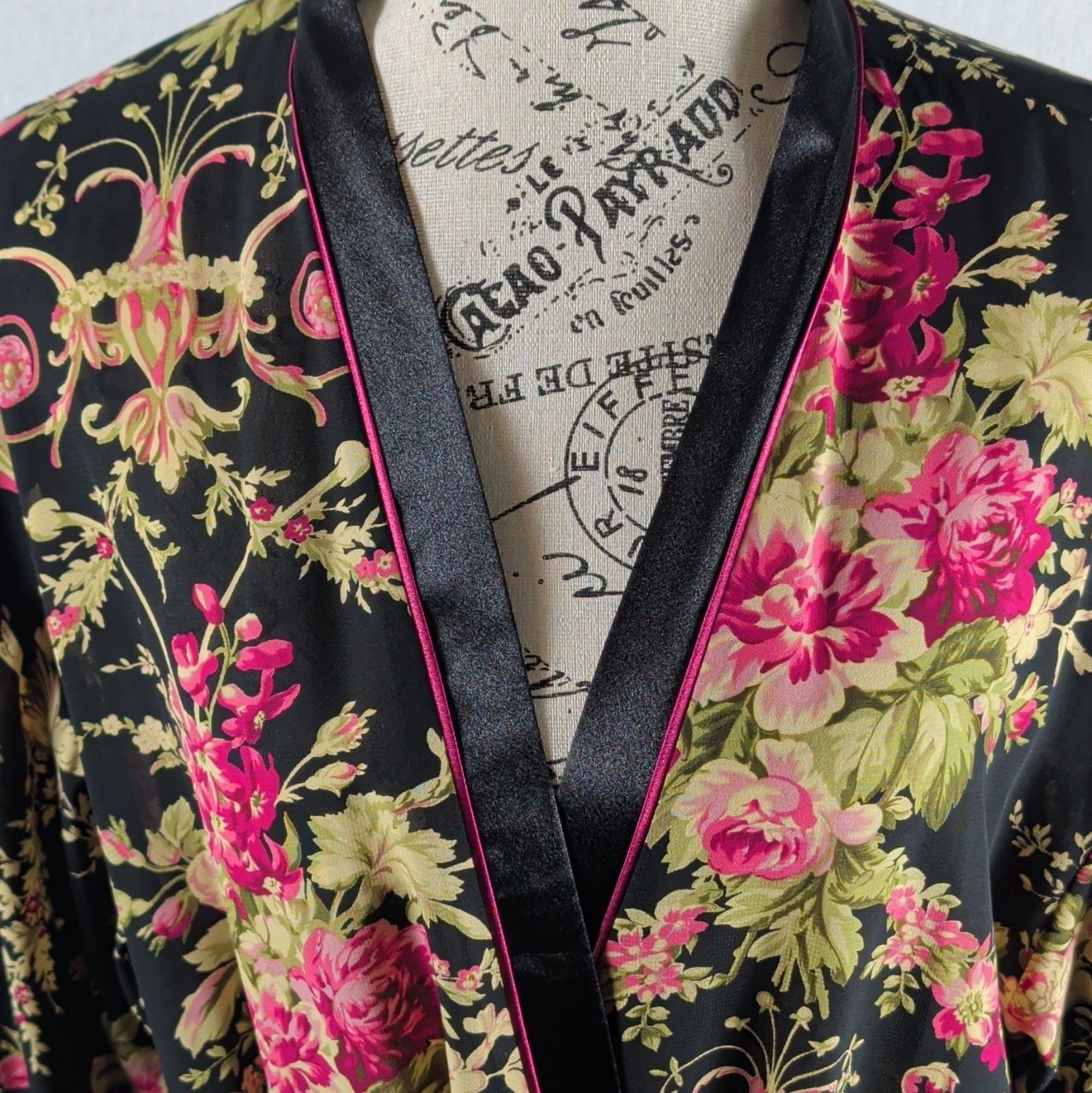 Oscar de la Renta Pink Label Floral Bird Kimono Robe Satin Look Black L XL Poly 3