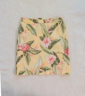 Tommy Bahama Stretch Skirt Size 10 Yellow Tropical Hibiscus Floral Palm Leaf 19" 3