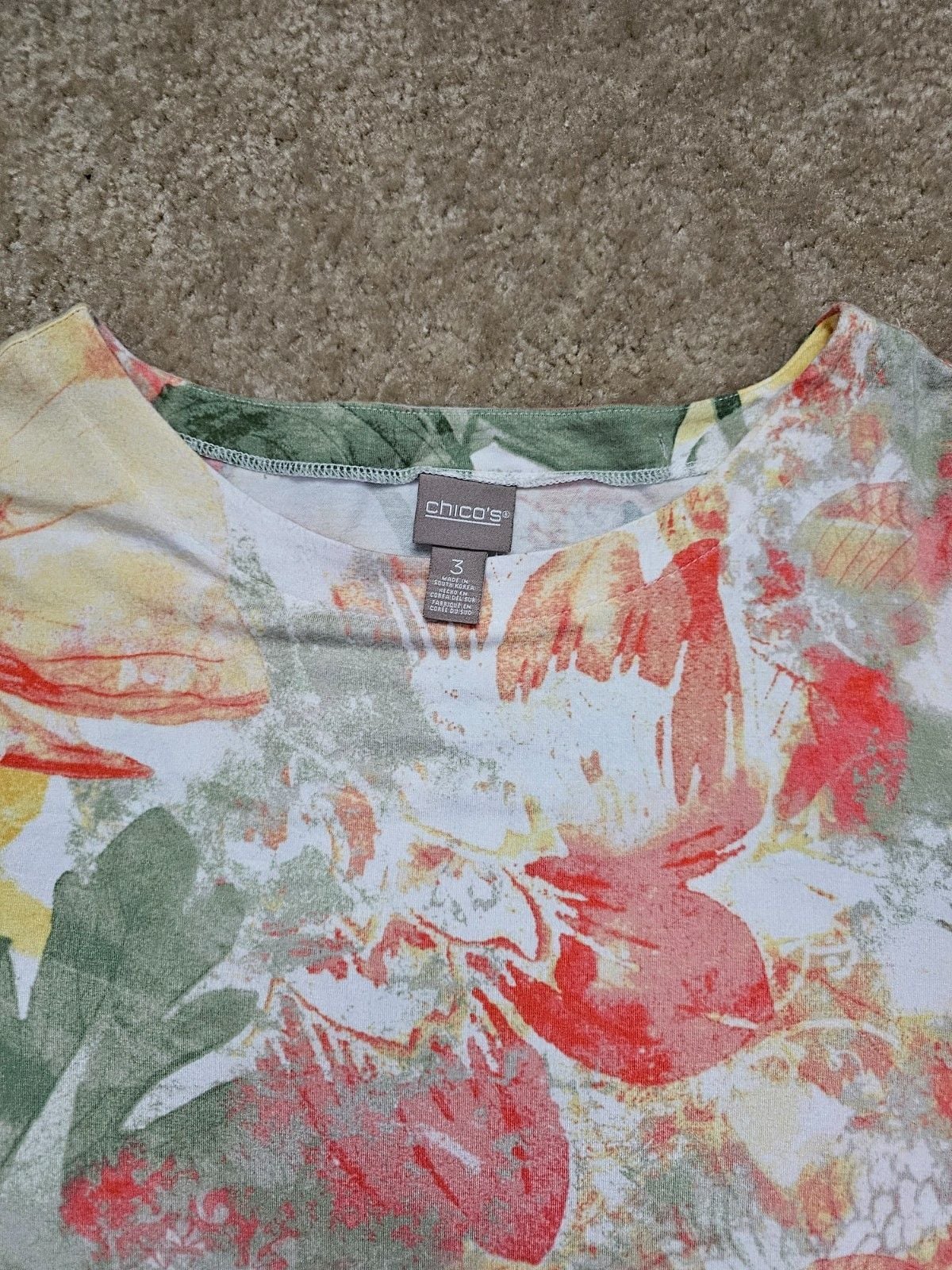 Chico's Women's Size 3 XL Floral Watercolor Tunic Top 3/4 Sleeve Multicolor 6