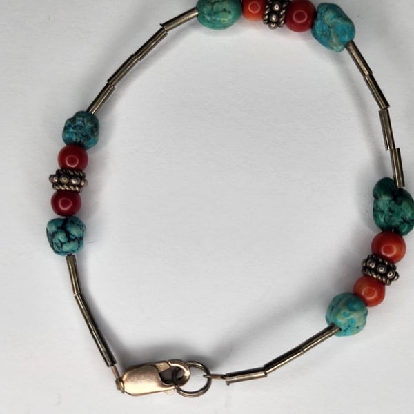 Vintage Sterling Silver Turquoise And Coral Beaded Bracelet.