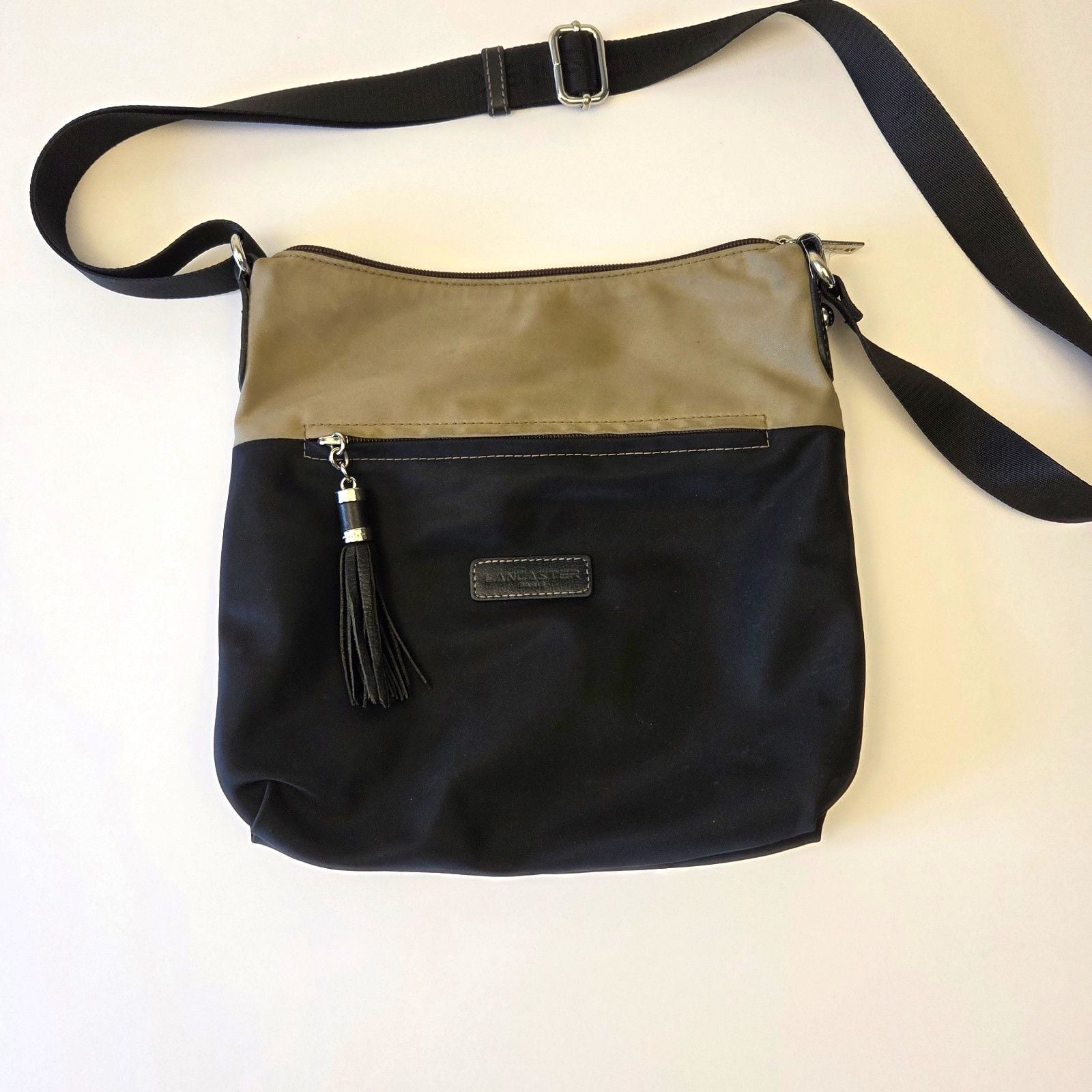 Lancaster Paris Basic Pompon Nylon Hobo Crossbody Bag Black Taupe 2
