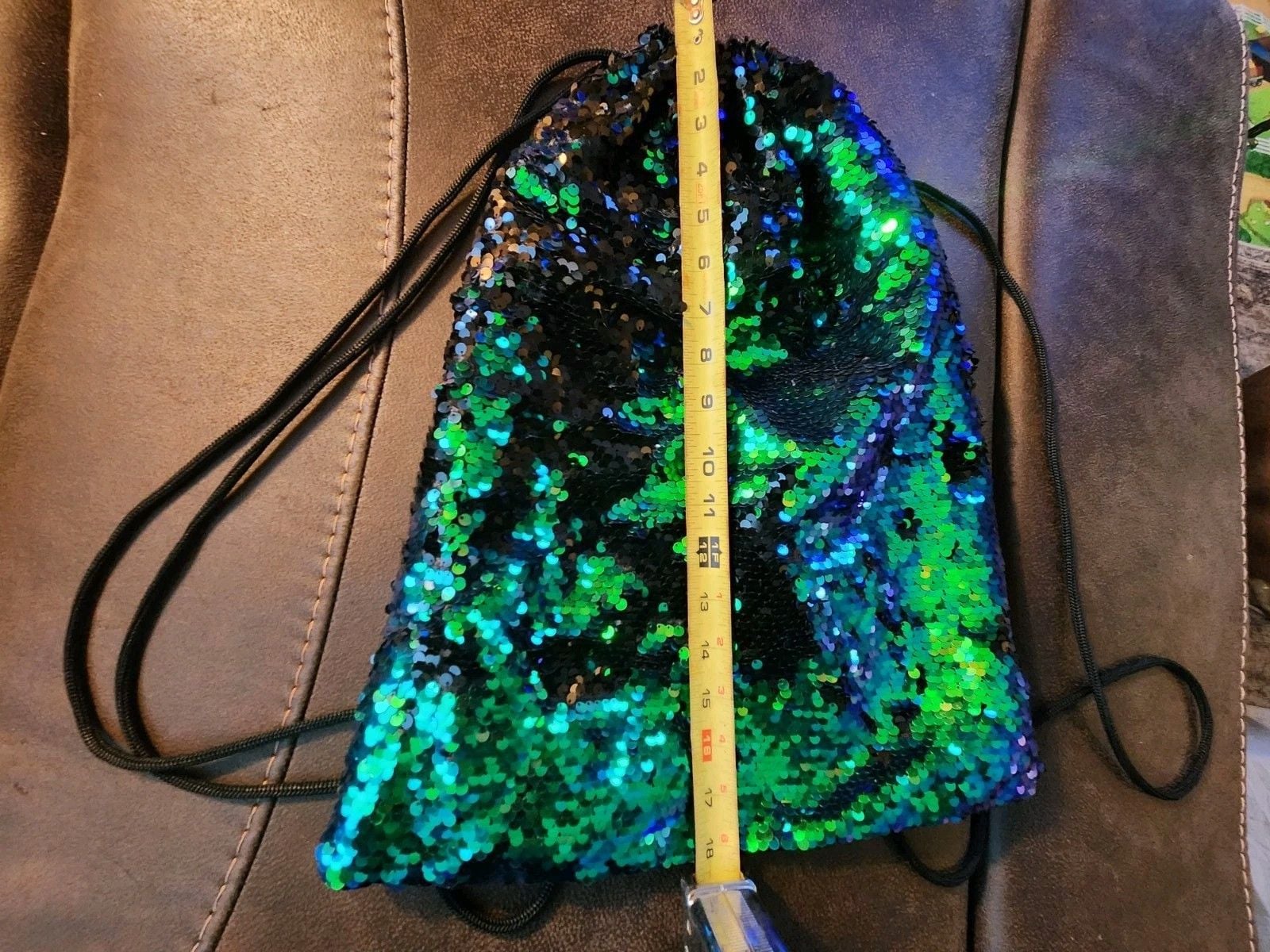 Reversible Sequin Drawstring Backpack Bag Green/Blue/Black Colorful 4