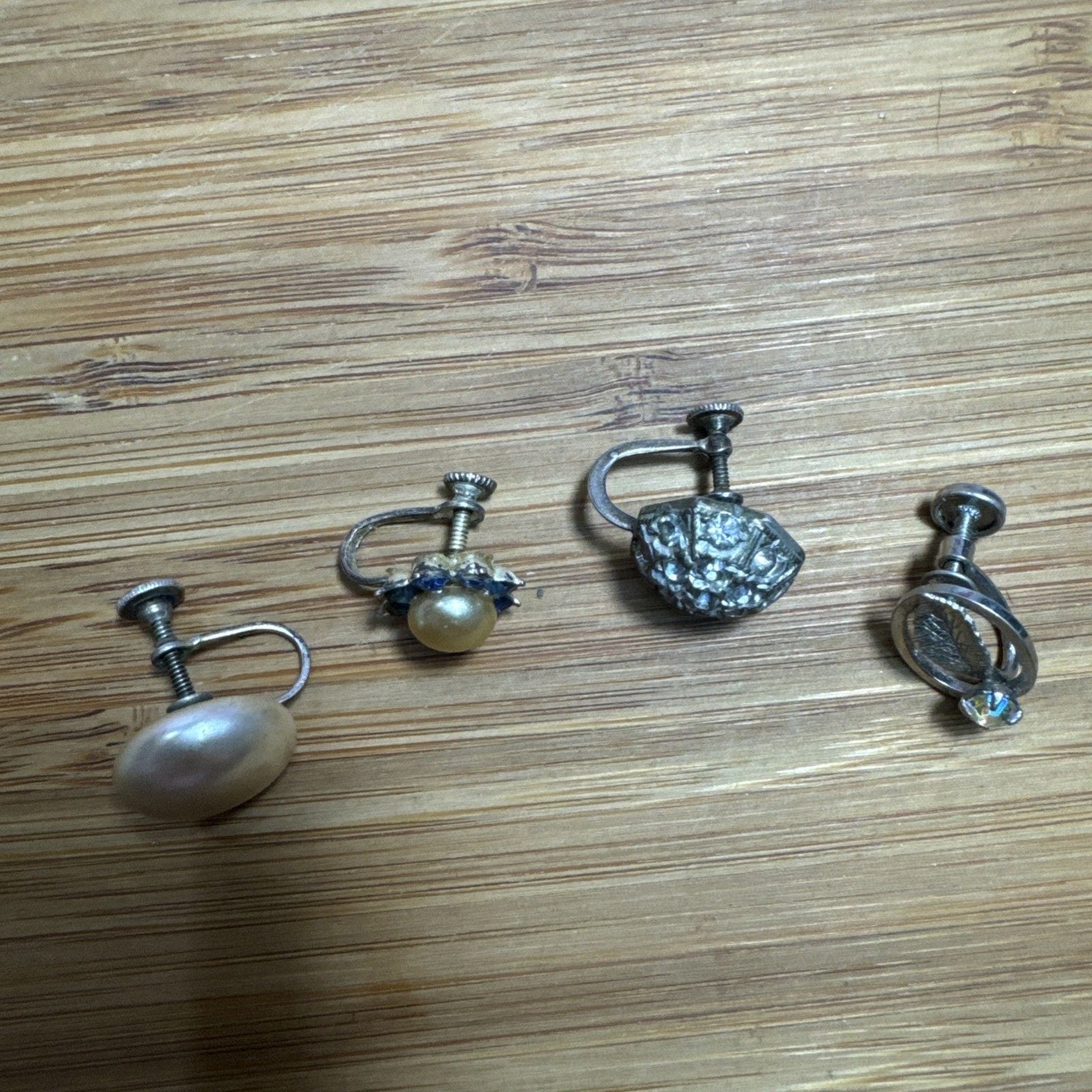 Vintage Sterling Silver Single Earrings Lot of 4 Screw Back Pearl Rhinestone 4