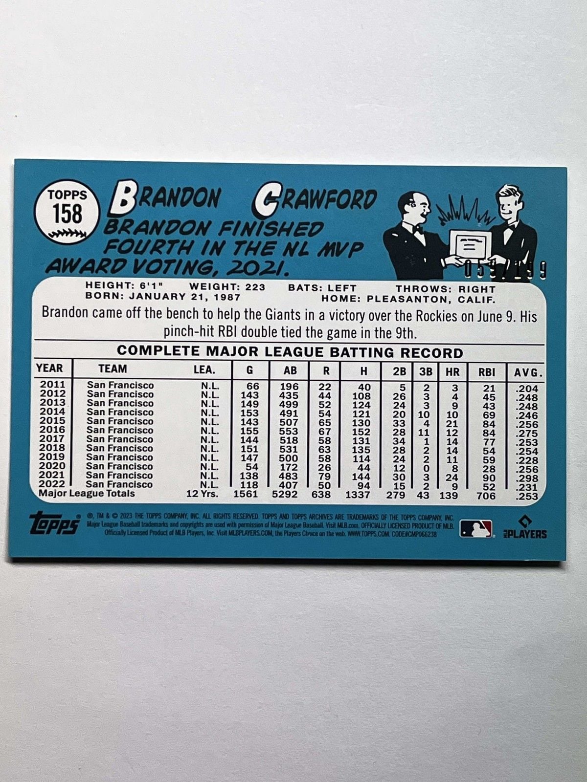 2023 Topps Archives Rainbow Refractor Brandon Crawford #158 /199 Giants 2