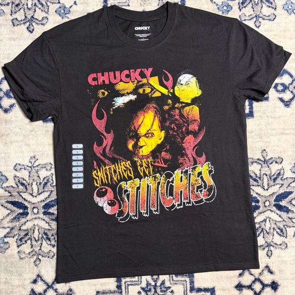 Chucky Wanna Play Stitches Graphic T-Shirt Large Black Horror Movie NWT