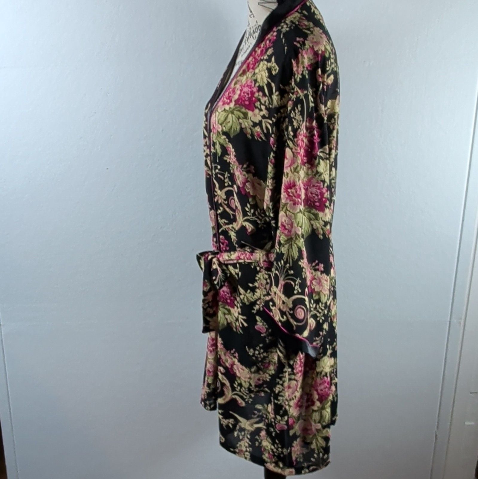 Oscar de la Renta Pink Label Floral Bird Kimono Robe Satin Look Black L XL Poly 5