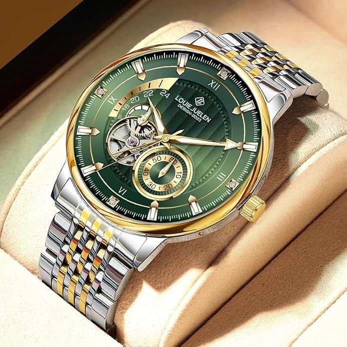 Louie Juelen Men Automatic Skeleton Watch Green Dial Two-Tone Gold Silver Steel 3