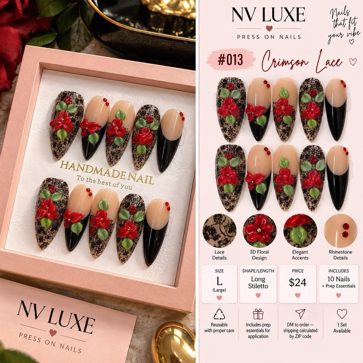 Reusable Red Black Floral Press On Nails Size L Long Stiletto Set #013 2