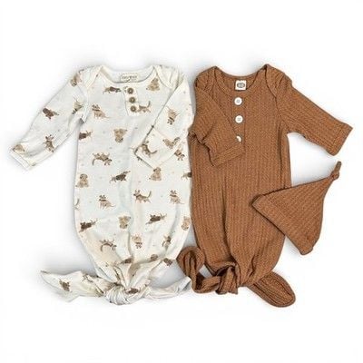 Rabbit Bear Emily Oliver Knotted Gown Set 2 Pack Dog Print Rust Waffle 0-3M 1
