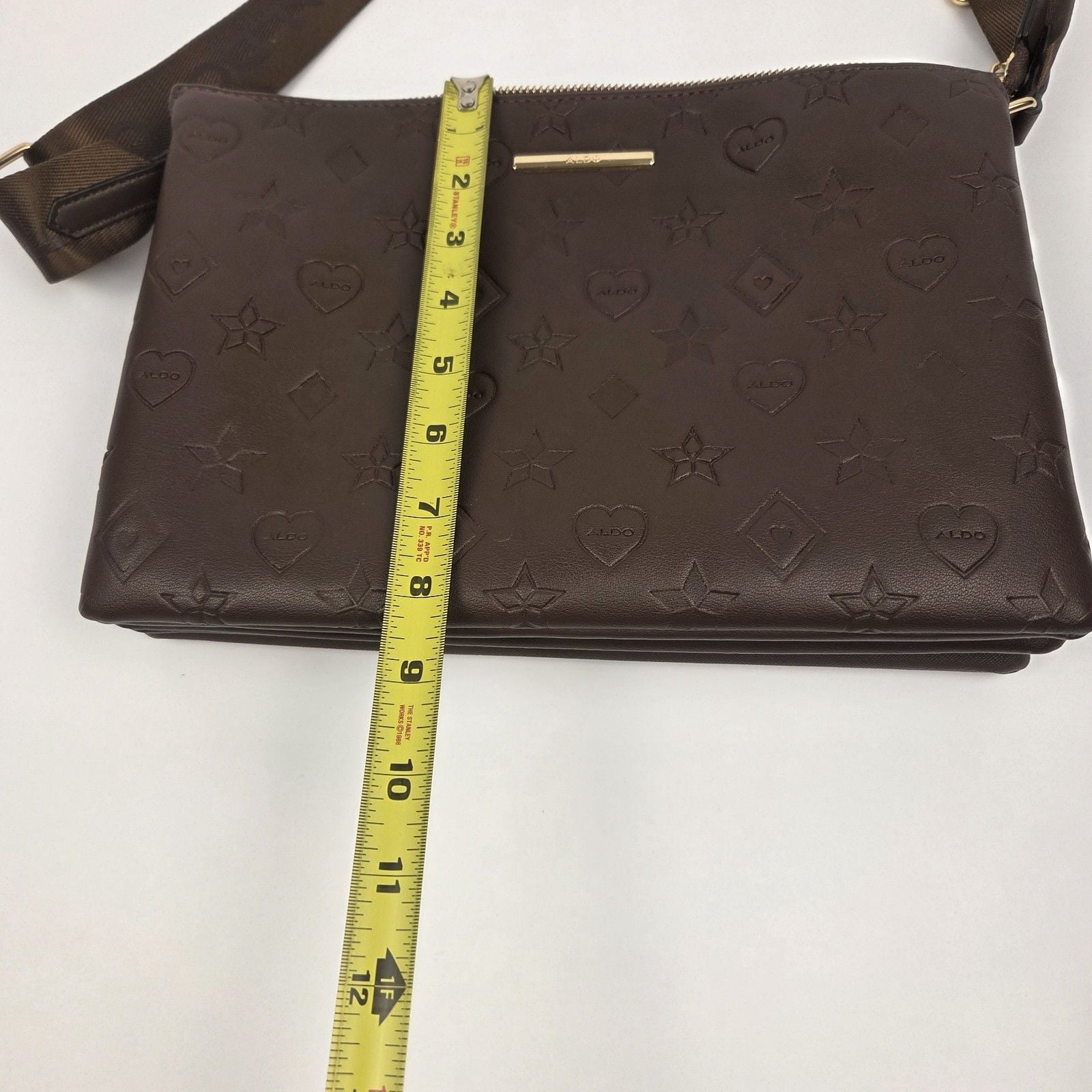 ALDO Brown Embossed Logo Crossbody Bag Zip Closure Adjustable Strap Pockets 10