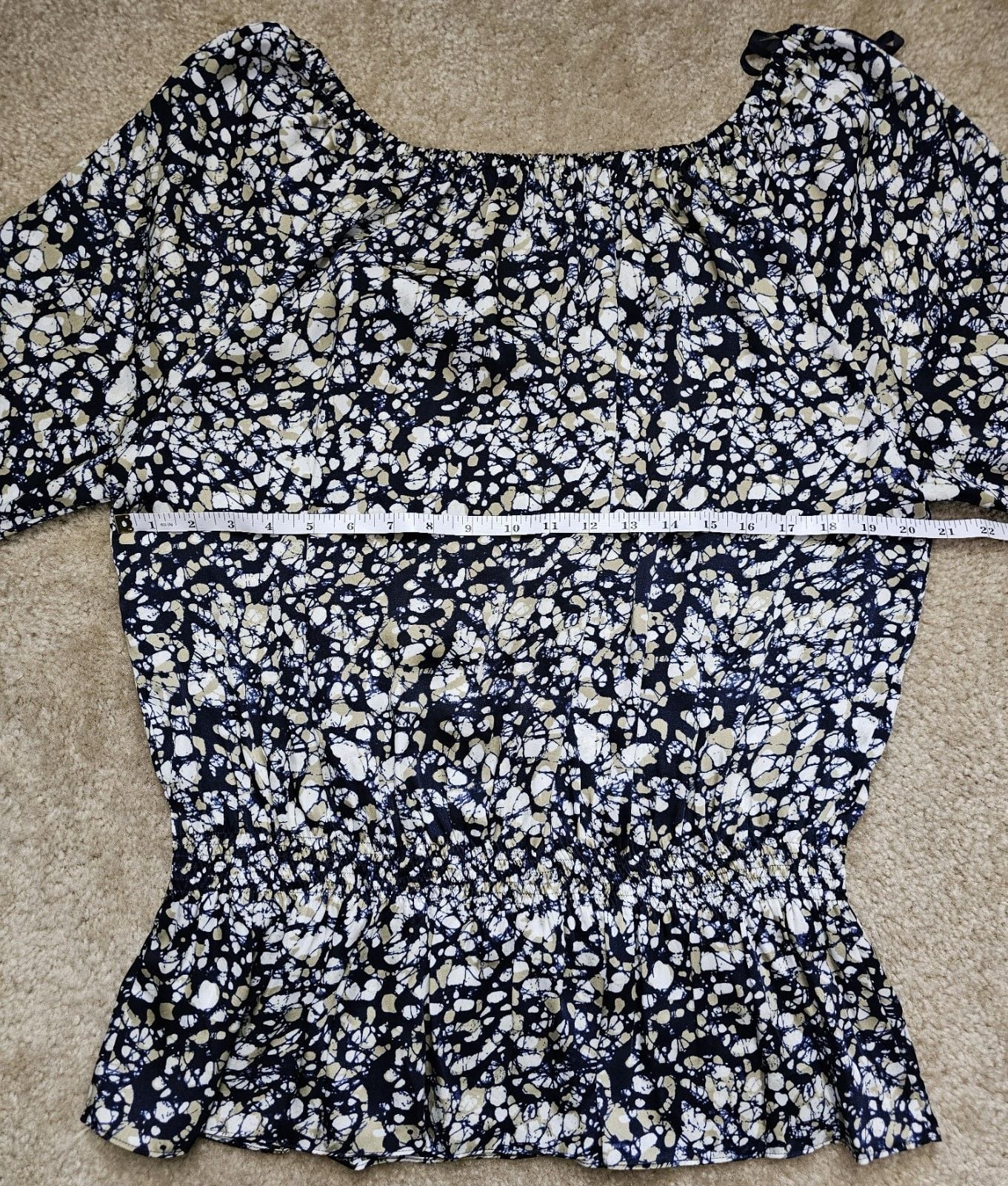 Michael Kors Women's Abstract Print Peplum Blouse Long Sleeve Navy Tan White 10